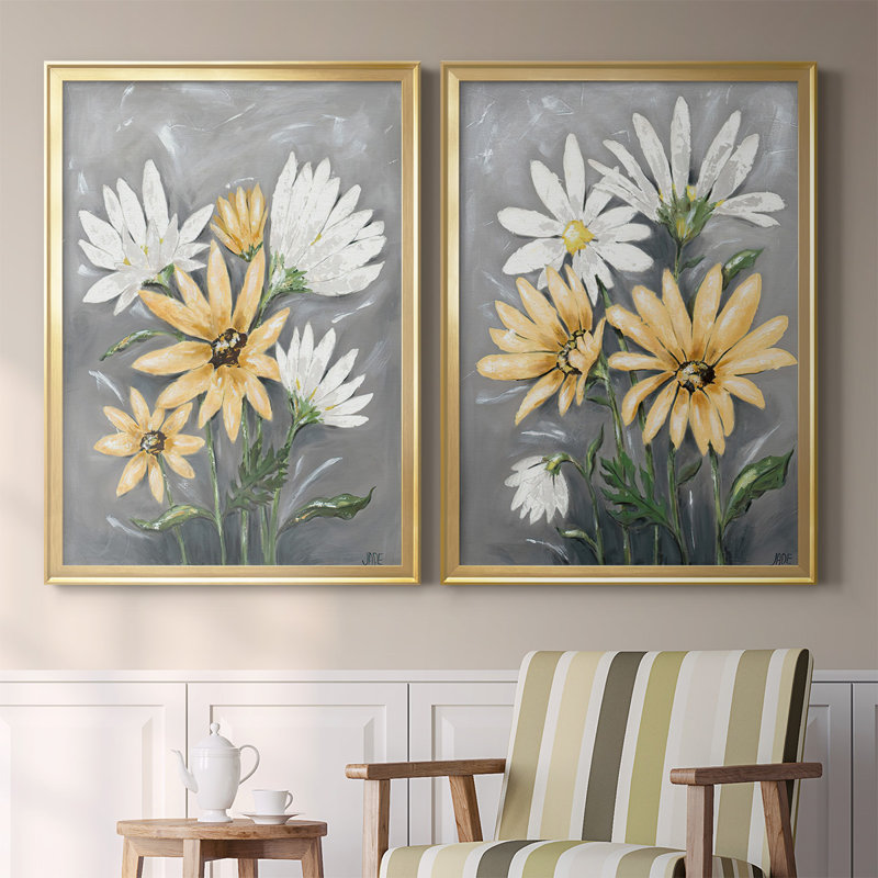 Summer Daisies I - ensemble de 2 reproductions d'art sur toile encadrées, Or, H 42,5 po x l 61 po x P 1,25 po