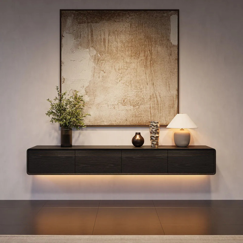 FLOAT -  Mid-Century Floating TV Stand With Adjustable LED Lights, Black, 9.84"H x 79"L x 14.75"W