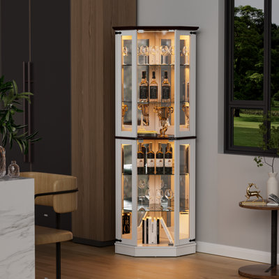 Vitrine 71 po en verre de style campagnard avec lumières à DEL, portes en verre trempé et 6 tablettes