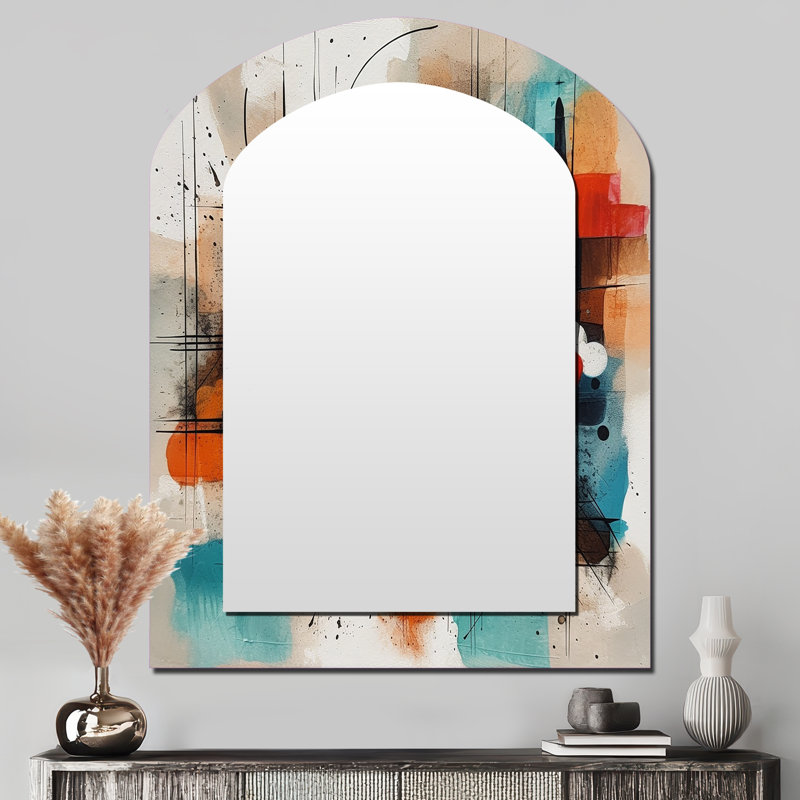«Orange Abstracted Geometric Explorations III», décor de miroir mural asymétrique géométrique unique, grand miroir en arc orange, impression d'art en métal