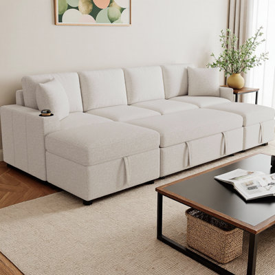 109" Convertible Sectional Sofa Bed - U/L-Shaped Configurations, Pull-Out Sleeper, USB Ports & Storage Ottoman in Chenille