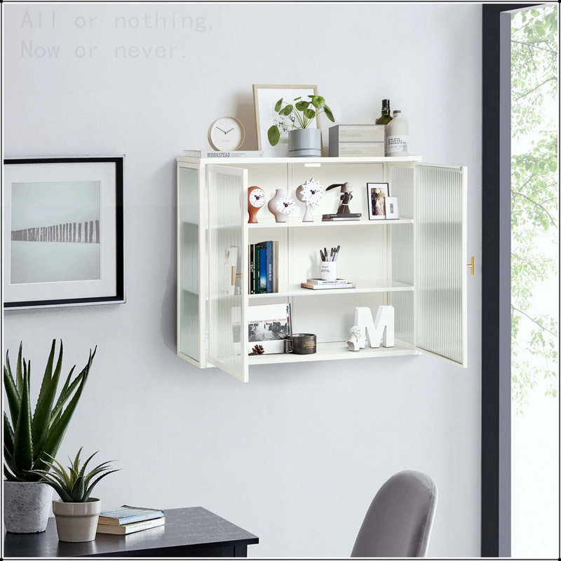 27.56'' Glass Door Wall Cabinet with Three-Tier Storage, White