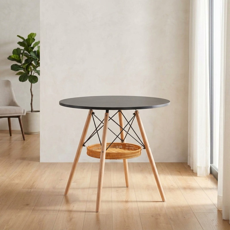 Table de salle à manger ronde scandinave noire de 31,5 pouces avec panier suspendu et pieds en bois naturel