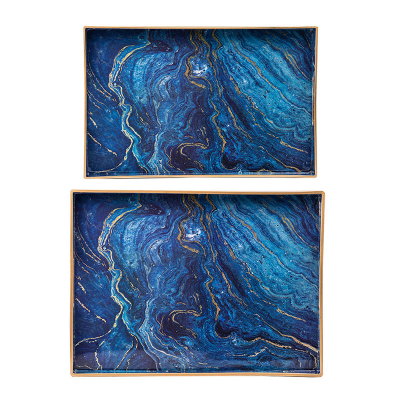 Decorative Serving Tray Set Of 2, Cutout Handles, Blue Gold Faux Marble