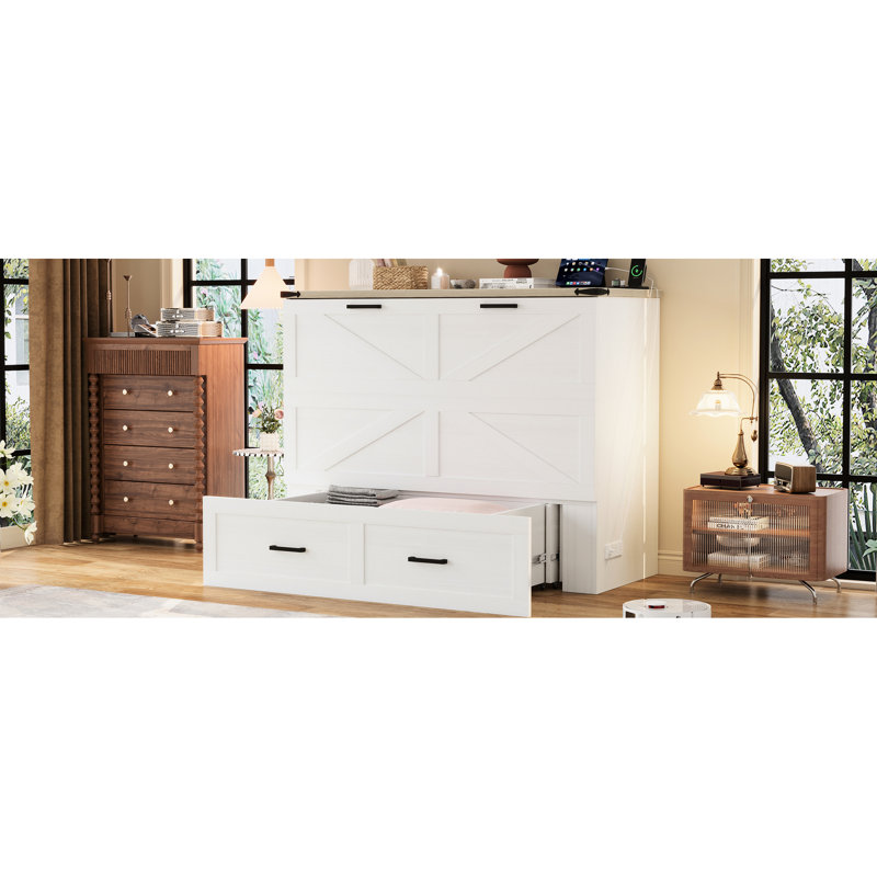 Armoire-lit blanc avec station de charge intégrée et tiroir de rangement généreux, plateforme pliable pour les petites chambres, espace pour les invités, contenant abondant, dans une chambre à coucher compacte