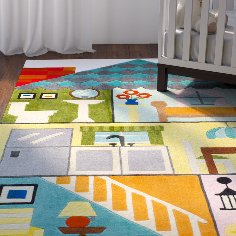 Tapis jaune / bleu / vert touffeté à la main Cecelia, Rectangle 8 pi x 10 pi