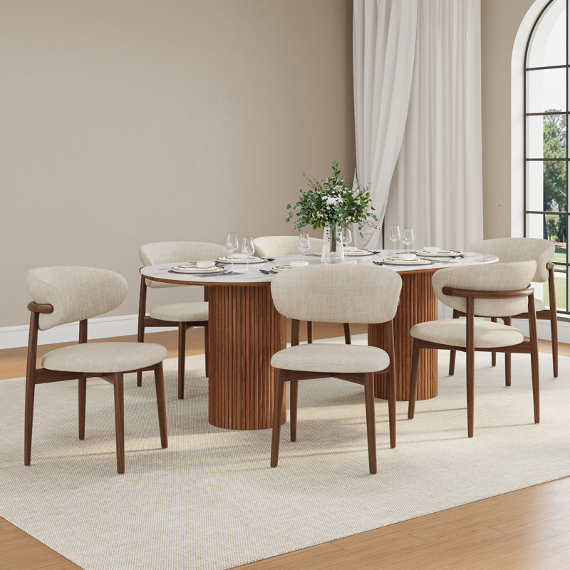 Mid-Century Solid Wood Beige Upholstered Dining Chairs, No Assembly Required Accent Chairs For Dining Room (Set of 6), 6