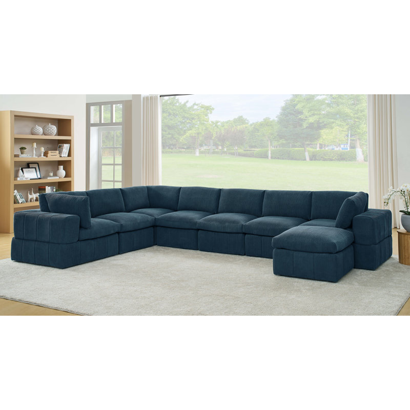 Canapé d'angle modulaire réversible Aneea avec pouf, 33 po H x 160 po L x 104 po P, Velours côtelé bleu foncé