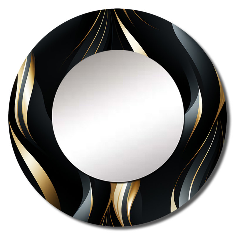 Rileah Deep Black And Gold Elegance - glam  Large Wall Mirror, Black Decorative Mirror, Printed Metal Art, 29" x 29", Round