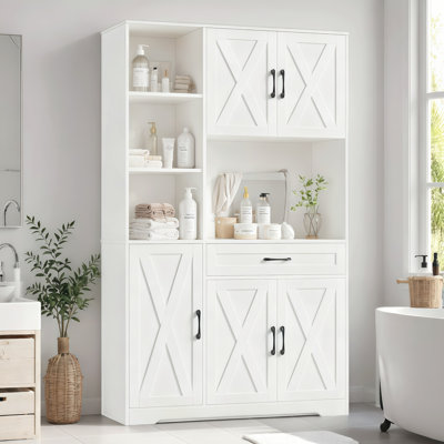 Nechemya 71.1" Freestanding Bathroom Cabinet with Center Drawer, Wood Storage Bathroom Cabinet with 5 Doors, White