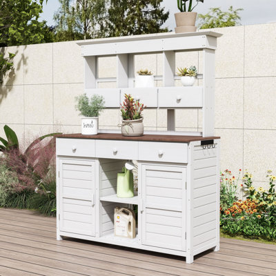 Banc de rempotage spacieux en bois de sapin avec rangement spacieux, tablettes réglables et dispositif de sécurité