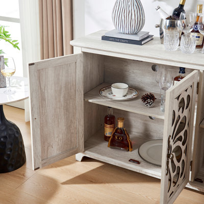 Armoire de rangement autoportante autoportante, buffet en panneau de fibres à densité moyenne, portes sculptées en miroir en acrylique, tablette réglable, comptoir spacieux, sangles anti-basculement, assemblage facile dans la cuisine du couloir du salon