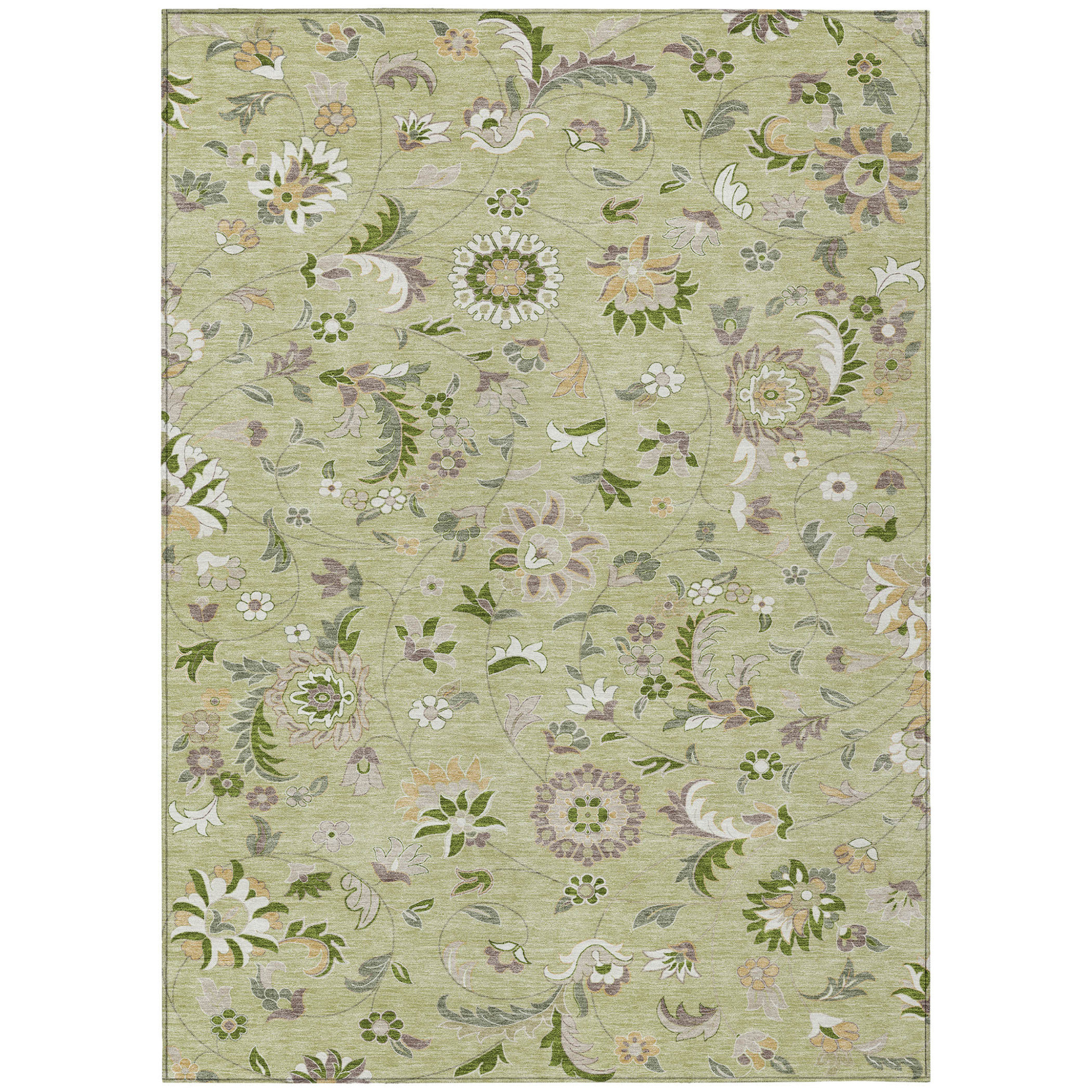 HomeRoots 5' X 8' Artichoke Green Gray And Brown Floral Washable Indoor ...