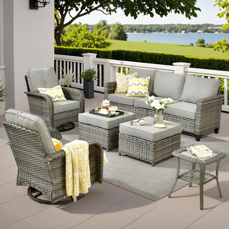 7 - Person Patio Furniture Set with Swivel Rocking Chairs, Outdoor Wicker Rattan Sofa Seating Group with Cushions, All Weather Conversation Set with Ottomans for Garden Backyard