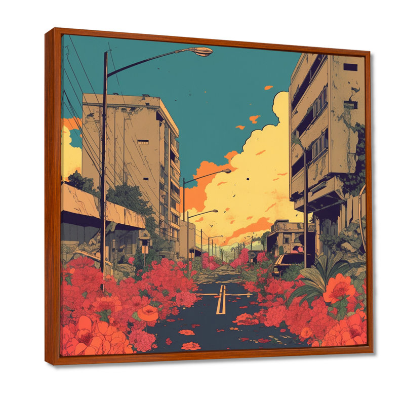 Red Blossoming Flowers Uban City View - City Buildings Wall Art, Brown Floater Frame, 30" H x 30" W