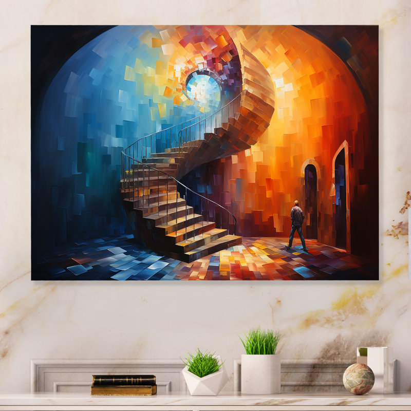 Escalier en spirale bleu et rouge, H 12 po x l 20 po x P 1 po