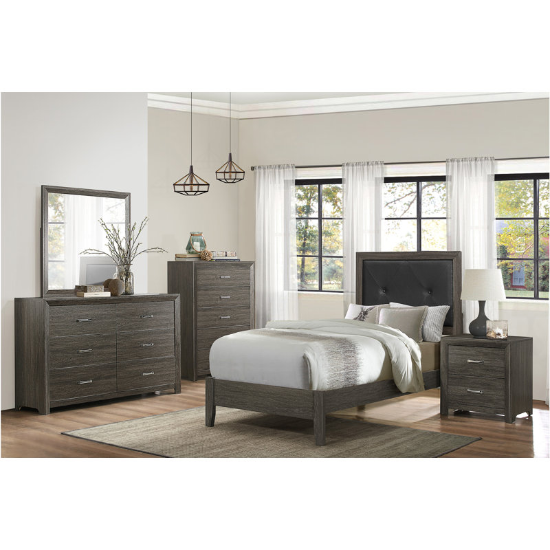 Ensemble de chambre avec lit plateforme 6 pièces, Grand, Espresso, Trois pièces : lit, commode et miroir