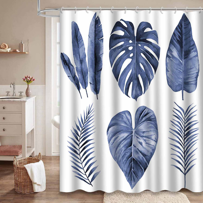 Rideau de douche à 12 feuilles avec aquarelle et feuilles bleues, L 72 po x l 72 po