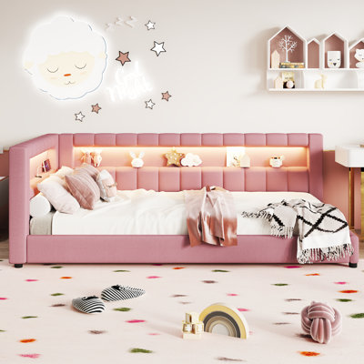 Full XL Size Upholstered Platform Bed with USB Ports and LED Light Belt, Multi-Functional Kids Bed, Pink