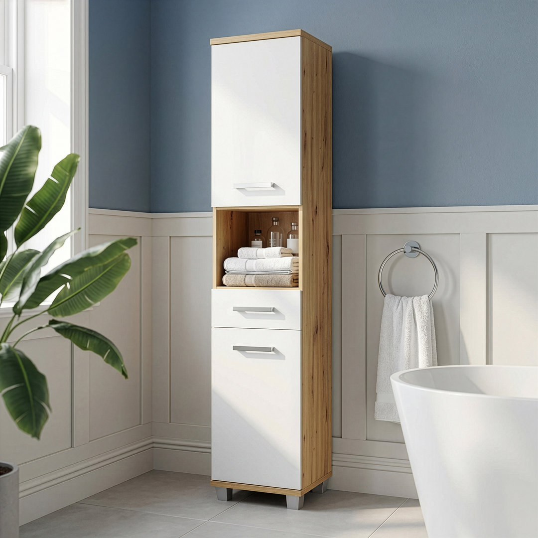 Veris Tall Narrow Bathroom Cupboard with 2 Doors & 1 Drawer Artisan Oak and Light Grey