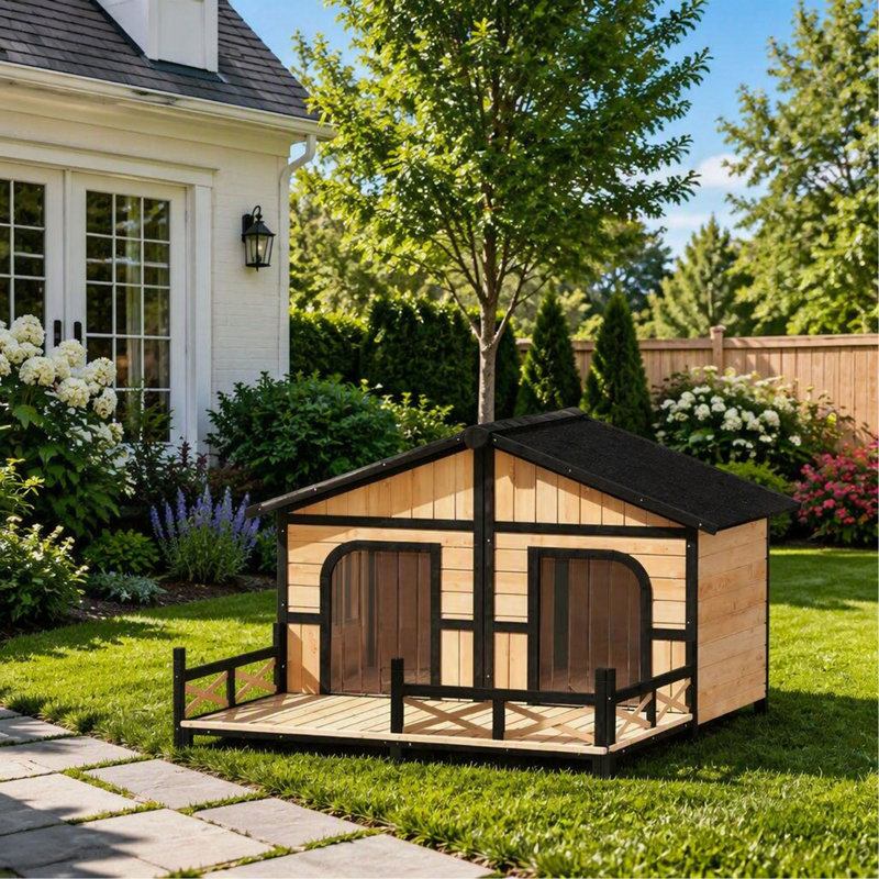 Niche pour chien en bois avec porche et chambre double - Toit ouvrable, fond amovible et plancher surélevé