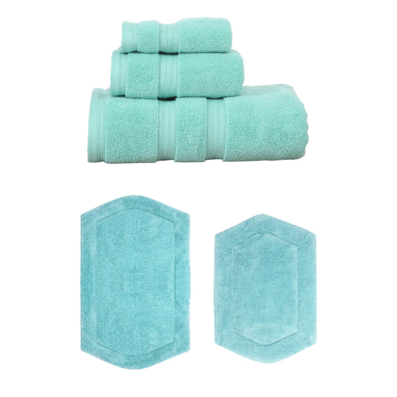 Bryd Collection 100% Soft Cotton 3 Pc Towel Set & 2 Pc Bath Rug Set, (Set of 5), Turquoise