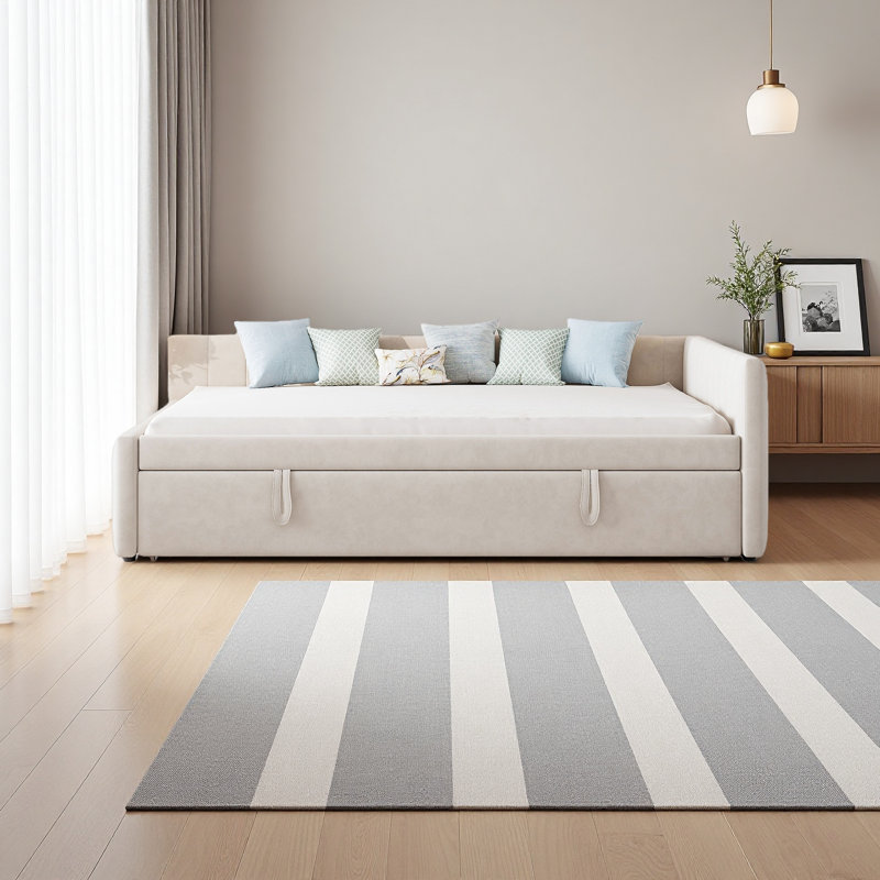 Lit de jour double rembourré en L avec lit gigogne escamotable double, Beige