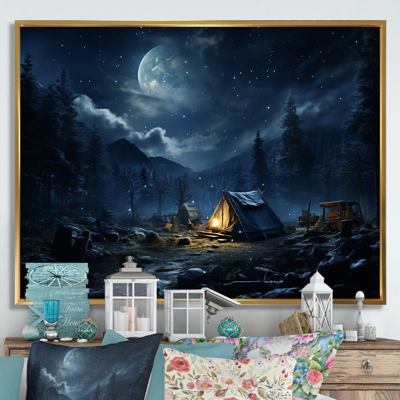 Starlit Camping In Canada 2 - Camping Travel Wall Art, 16" H x 32" W x 1" D, Gold Floater Framed