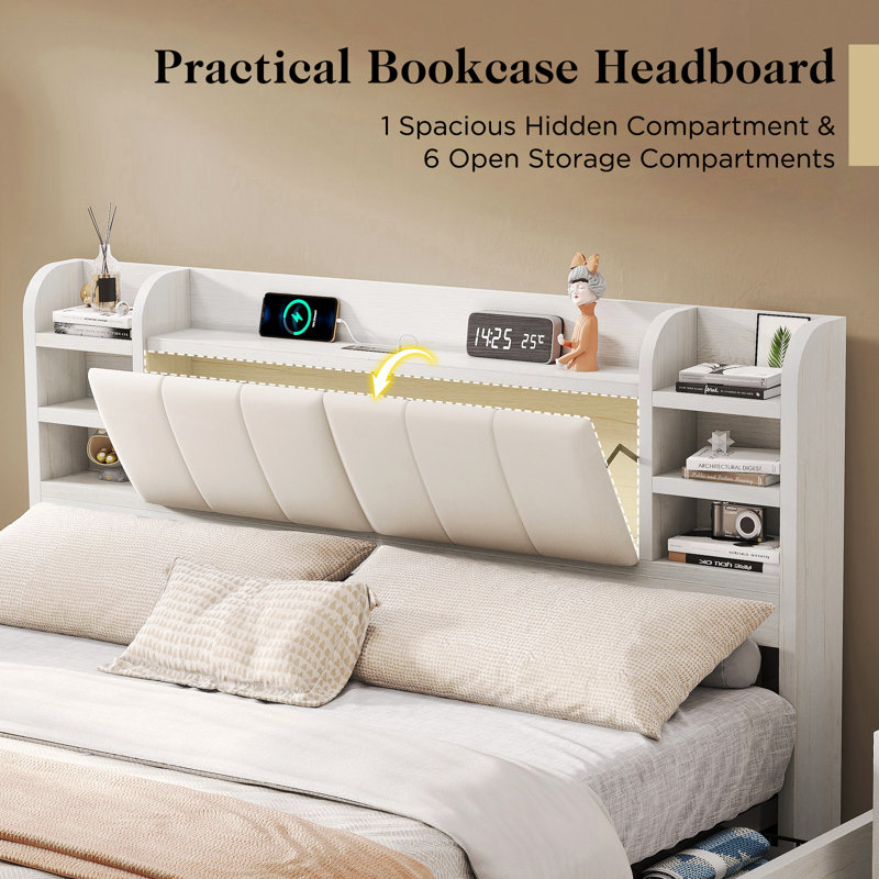 Revan Ebern Designs Bed Frame With Headboard, Platform Bed Frame With 4 Storage Drawers & Hidden Storage, Bookcase Bed Frame With Charging Station