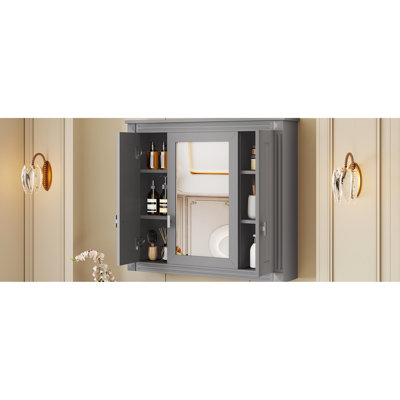 Armoire murale de style moderne avec miroir, 5 tablettes, couleur grise, 3 portes réglables pour salle de bain, panneau de haute qualité