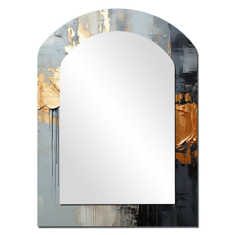 Or et gris moderne liquide formes IV - formes grand miroir mural asymétrique, miroir arche unique moderne, art imprimé en métal