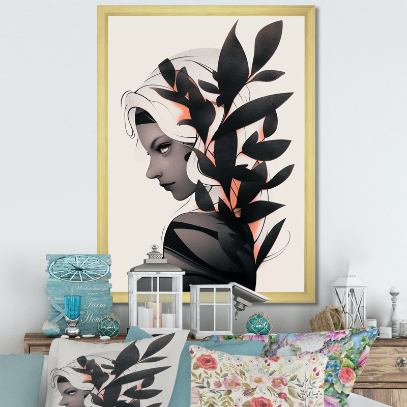Animations, portrait de femme tropicale II - Art mural, Cadre doré simple, H 32 po x l 16 po x P 1 po