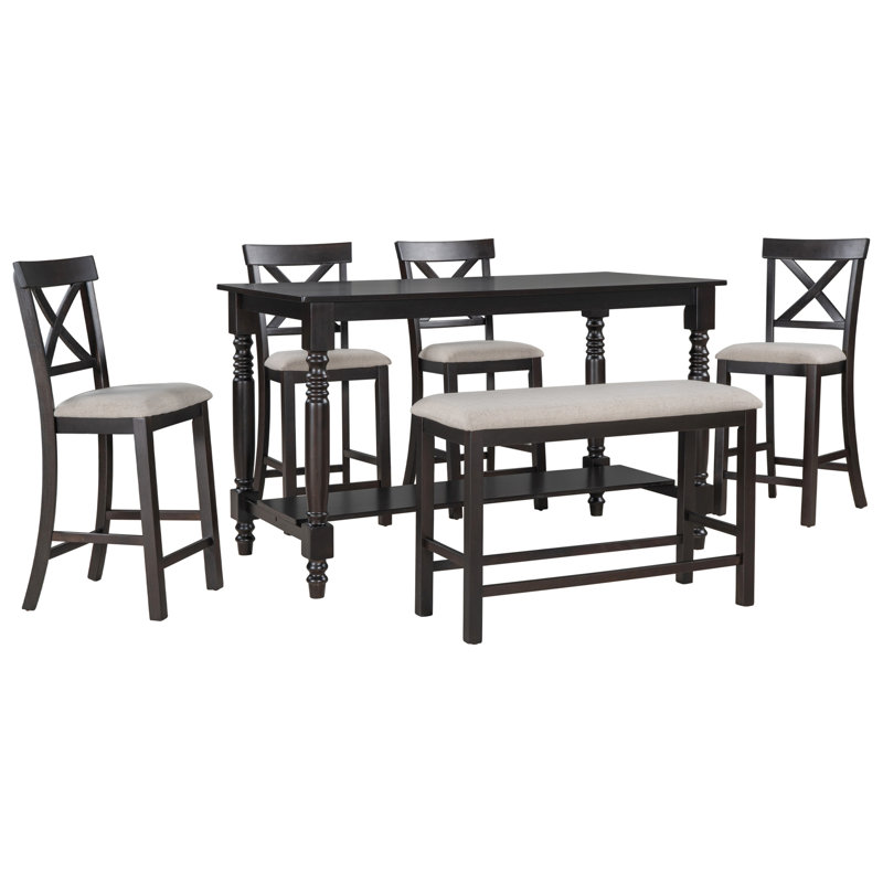 Ensemble de table de salle à manger à hauteur de comptoir 6 pièces TREXM avec 4 chaises et banc pour la salle à manger (espresso)