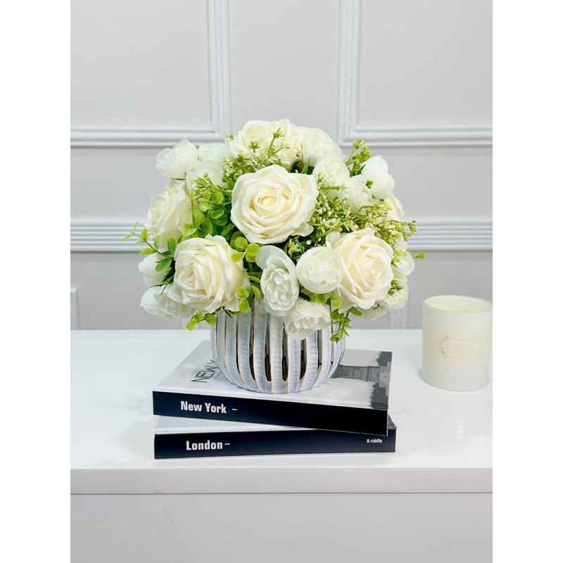 White Silk Rose Peony Centerpiece in Vase