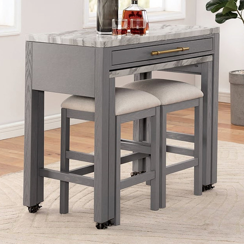 Table de salle à manger rectangulaire à hauteur de comptoir, table, tiroir, 2 tabourets, bois massif beige / blanc avec plateau, glissières à roulement, gris / beige