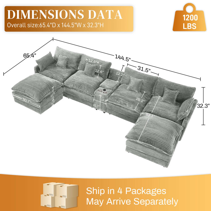 148-Inch 7-Piece Sofa Set, With A Center Console, Coffee Table And 6 Pillows, Suitable For Spacious Living Rooms And Meeting Rooms
