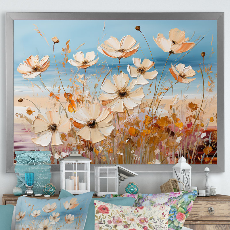 «Beige Wildflowers», impression sur toile, H 30 po x l 40 po x P 1,5 po, Cadre simple argenté