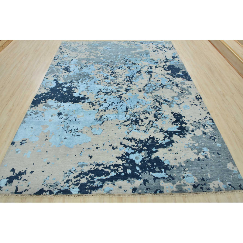 Tapis décoratif noué à la main bleu de conception unique 8 pi 1 po x 10 pi
