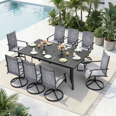 Ensemble repas 9 pièces pour terrasse - Comprend 8 chaises berçantes pivotantes et une table en métal avec trou pour parasol - 8 places pour la cour, la piscine, le balcon et le jardin, gris