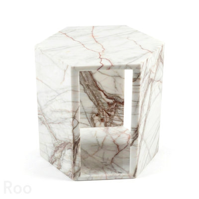 Table de bout hexagonale en marbre véritable blanc véritable - table de bout en pierre géométrique 15,7 po, finition brillante polie