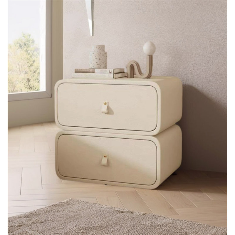 2-Drawer Cream Nightstand - Solid Wood Bedside Table for Small Spaces