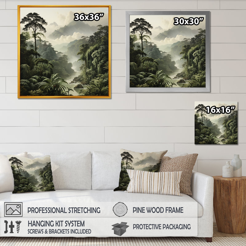 «Vintage Jungle Whispers 1 - Jungle», art mural, Cadre flottant noir, H 36 po x l 36 po x P 1,5 po