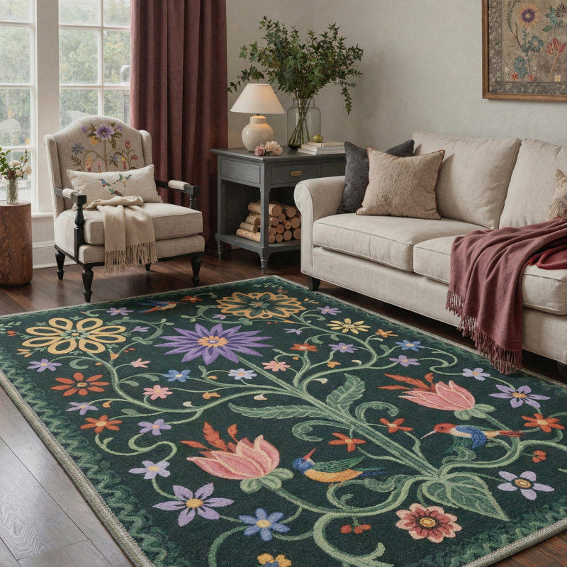 Aasen Veridian Floral Machine Washable Green / Yellow / Pink / Purple Indoor Area Rug with Non-Slip Backing