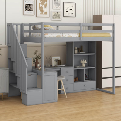 Lit mezzanine simple avec armoire et escalier de rangement, structure de lit mezzanine en bois avec bureau en L et tiroirs