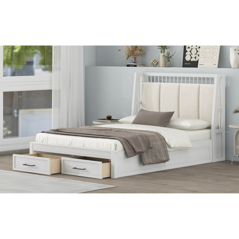 Bed With Upholstered Headboard And 2 Drawers, Full / Double, White
