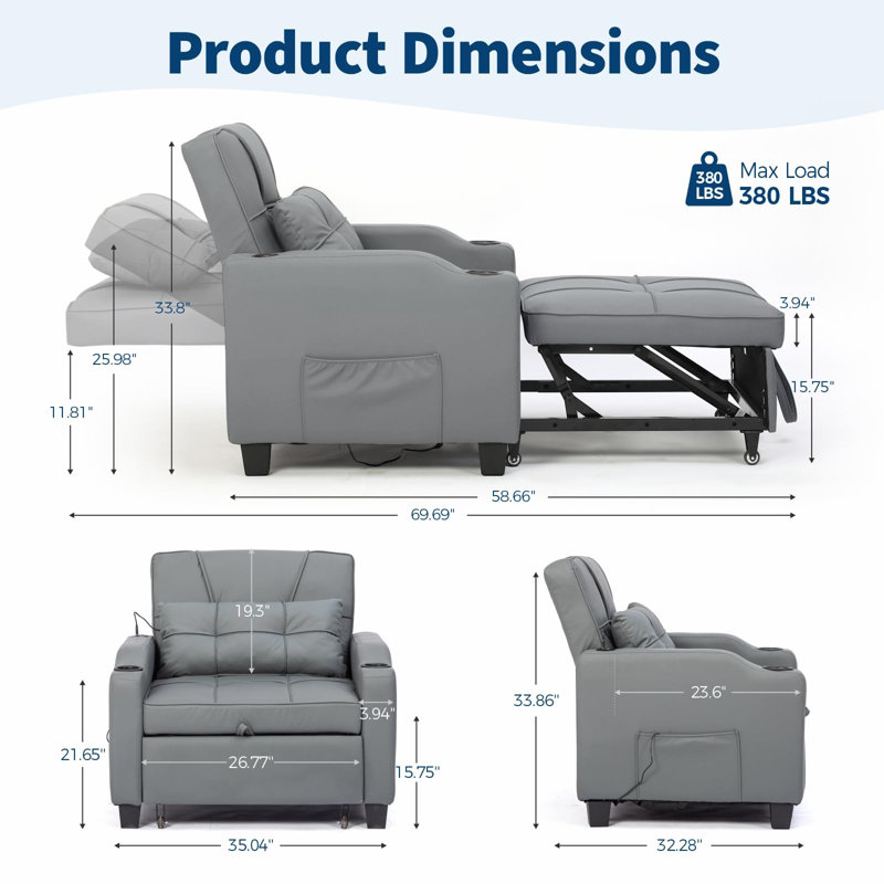Canapé-lit convertible 3-en-1 Qeetex - Canapé-lit coulissant avec dossier réglable, ports USB, porte-gobelets et poches latérales, canapé moderne peu encombrant pour le salon ou la chambre à coucher - gris