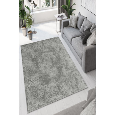 Stylish Area Carpet, Grey, 4.6 x 7.2 Feet | 100% Polyester, 650 g/m² | Antibacterial, Eco-Friendly, Non-Slip PVC Dot Underside | Machine Washable, Digital Printed, Perfect for Living Room & Bedroom Décor
