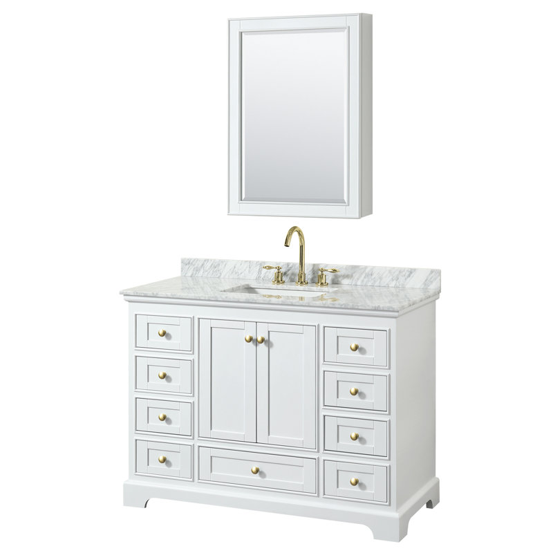 Ensemble de meuble-lavabo simple 48 "avec miroir Deborah, Marbre de culture de Carrare, Chrome poli, Blanc