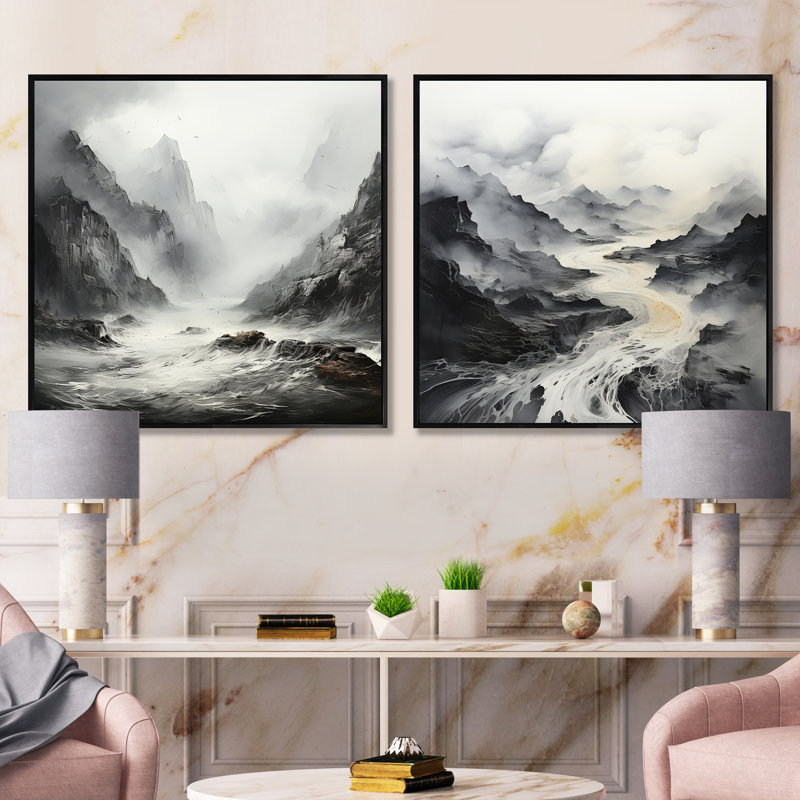 Mystic Mountain River - ensemble de 2 collages carrés, Cadre flottant noir, H 30 po x l 61 po