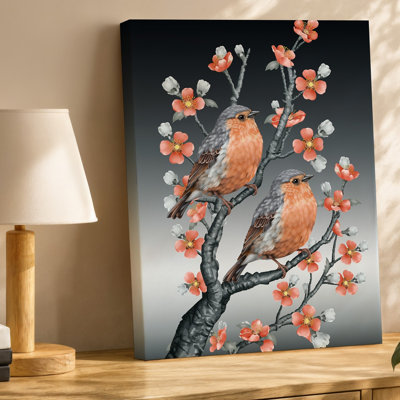 Reproduction d'art sur toile, une paire d'oiseaux vibrants perchés sur une branche noueuse entourée de fleurs délicates dans des tons de corail et de blanc